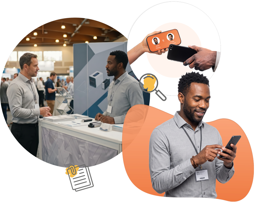 échange avec un prospect sur un salon ou lors d’un rendez-vous